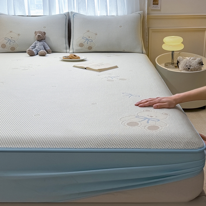全季家居 2025新款A类乙纶PE卡通系列凉豆豆席凉席席子 欢乐小熊-天蓝-床笠款