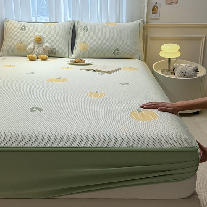 全季家居 2025新款A类乙纶PE卡通系列凉豆豆席凉席席子 元气南瓜-水绿-床笠款