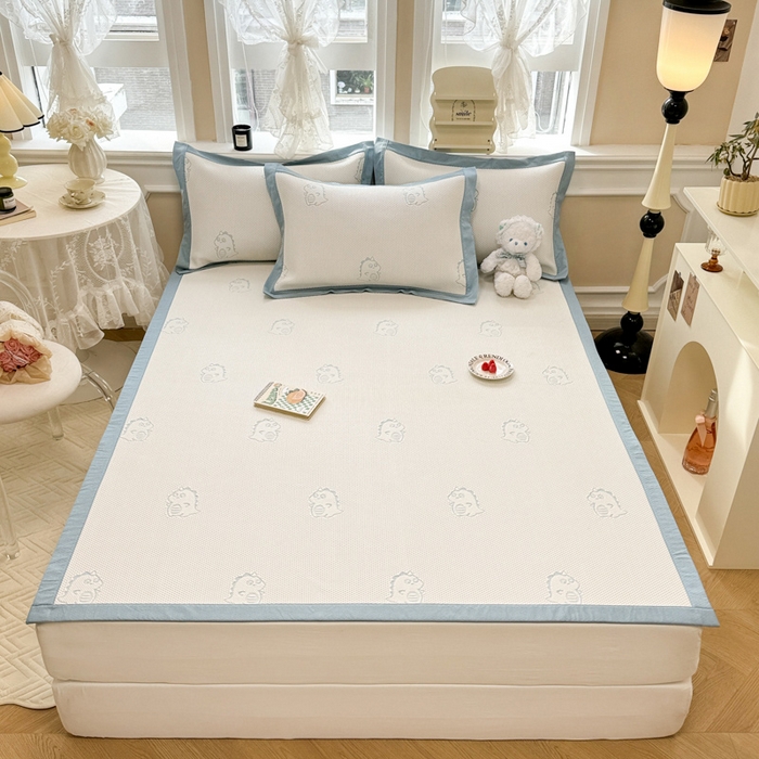 91家纺网 家纺一手货源 找家纺 全季家居 2025新款A类乙纶PE小动物系列凉豆豆席凉席席子 小恐龙-天蓝-床席款