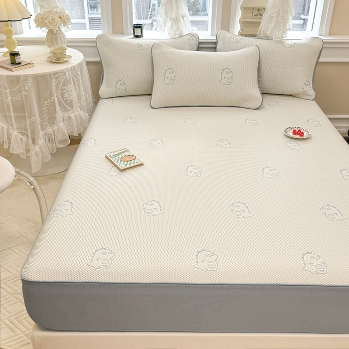 91家纺网 家纺一手货源 找家纺 全季家居 2025新款A类乙纶PE小动物系列凉豆豆席凉席席子 小恐龙-天蓝-床笠款