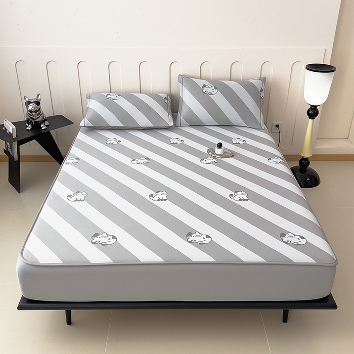 91家纺网 家纺一手货源 找家纺 全季家居 2025新款5A乙纶全PE卡通系列凉感软凉席席子 慵懒猫咪 床笠