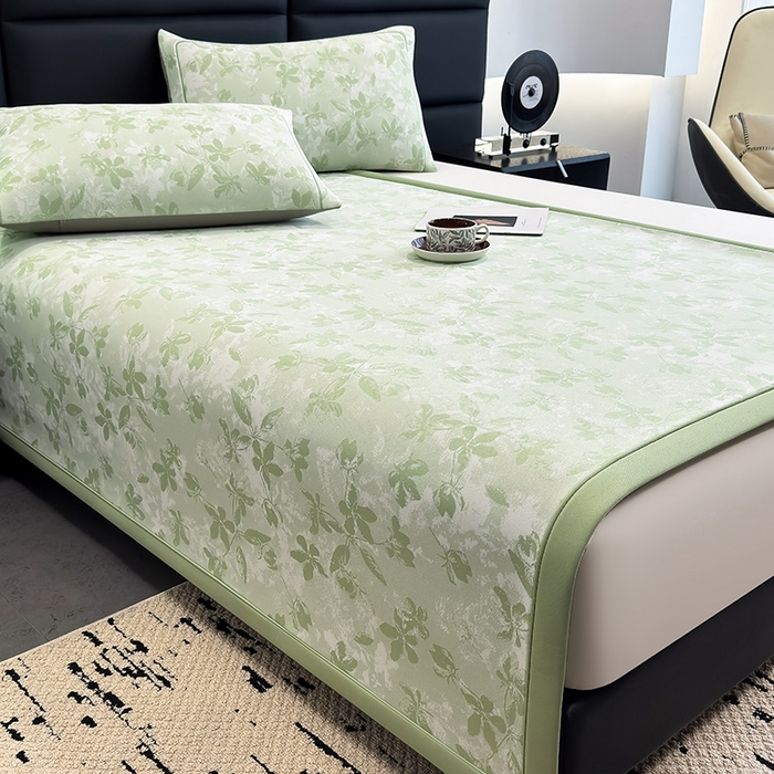 91家纺网 家纺一手货源 找家纺 全季家居 2025新款5A乙纶全PE花卉轻奢提花凉感软凉席席子 繁花似锦-浅绿 床席