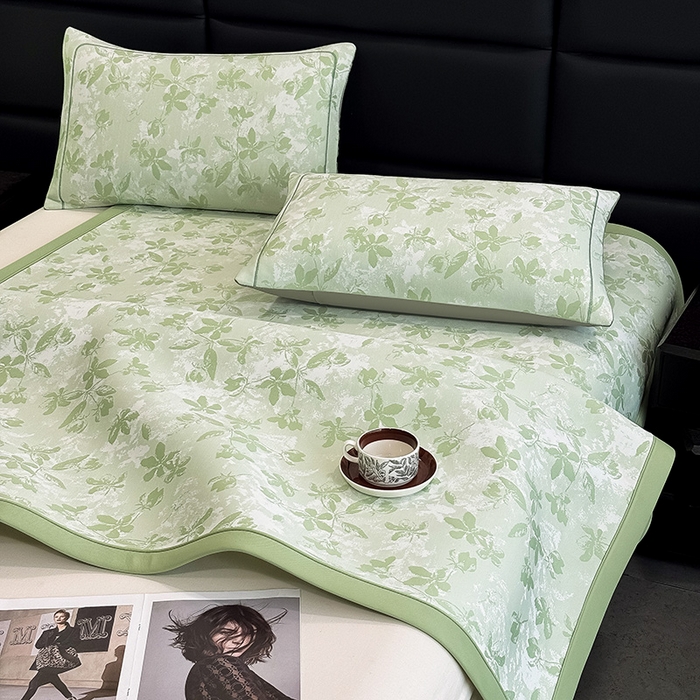 91家纺网 家纺一手货源 找家纺 全季家居 2025新款5A乙纶全PE花卉轻奢提花凉感软凉席席子 繁花似锦-浅绿 床席