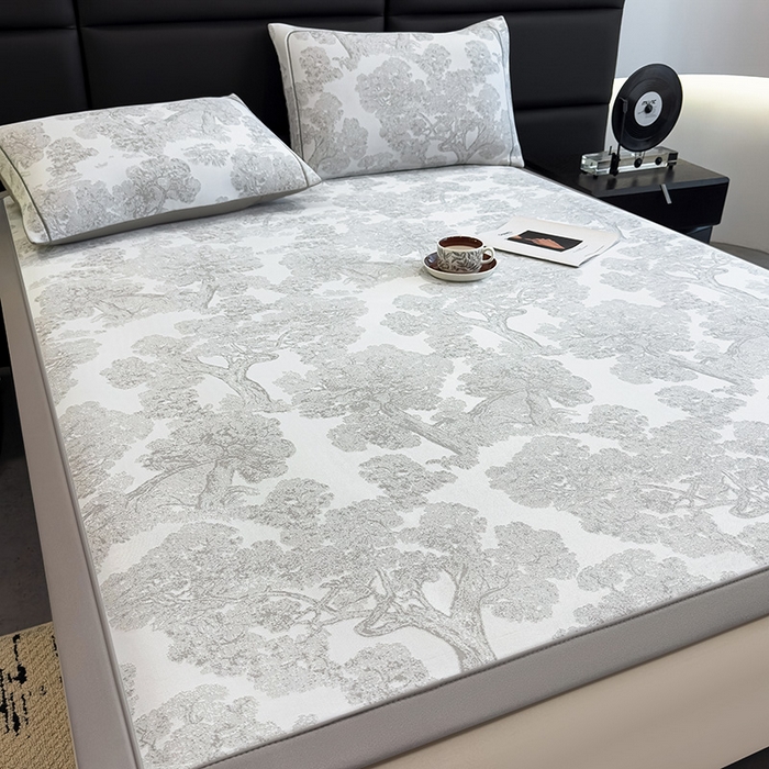 91家纺网 家纺一手货源 找家纺 全季家居 2025新款5A乙纶全PE花卉轻奢提花凉感软凉席席子 暗香疏影-浅灰 床席