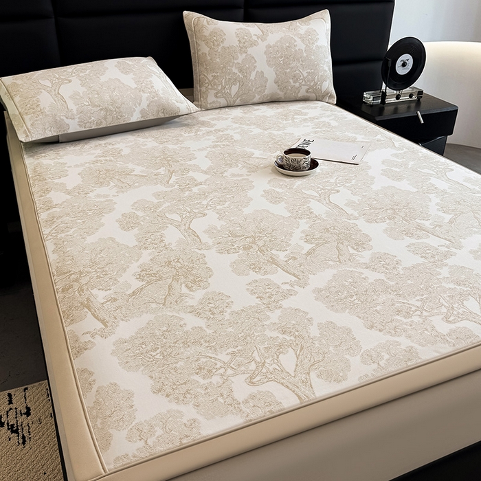 91家纺网 家纺一手货源 找家纺 全季家居 2025新款5A乙纶全PE花卉轻奢提花凉感软凉席席子 暗香疏影-浅咖 床席