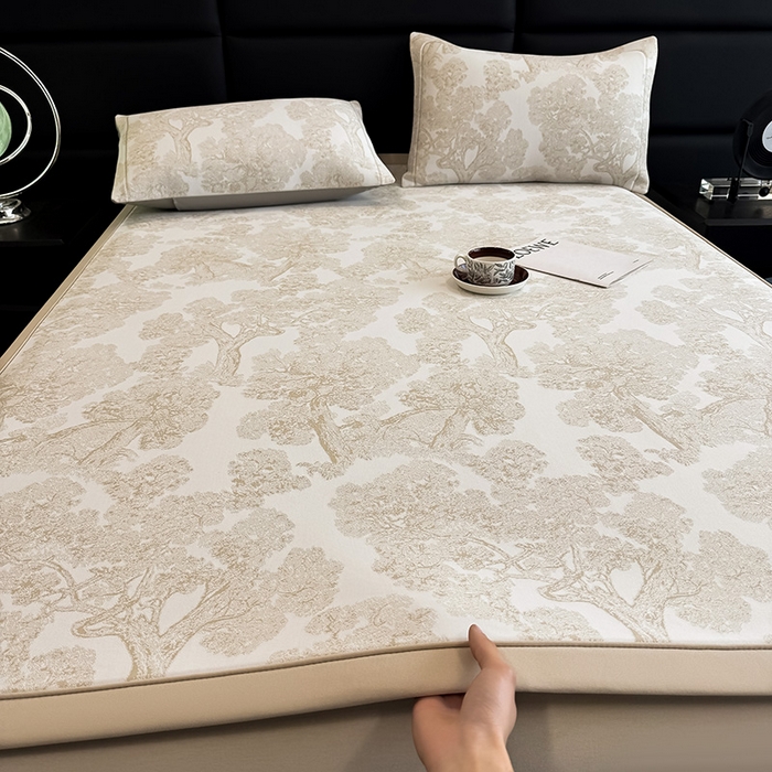 91家纺网 家纺一手货源 找家纺 全季家居 2025新款5A乙纶全PE花卉轻奢提花凉感软凉席席子 暗香疏影-浅咖 床席