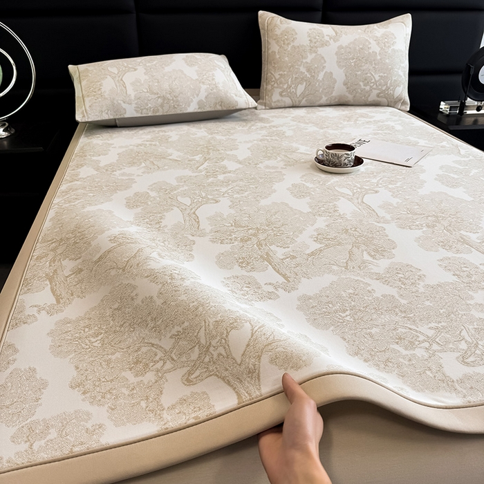 91家纺网 家纺一手货源 找家纺 全季家居 2025新款5A乙纶全PE花卉轻奢提花凉感软凉席席子 暗香疏影-浅咖 床席