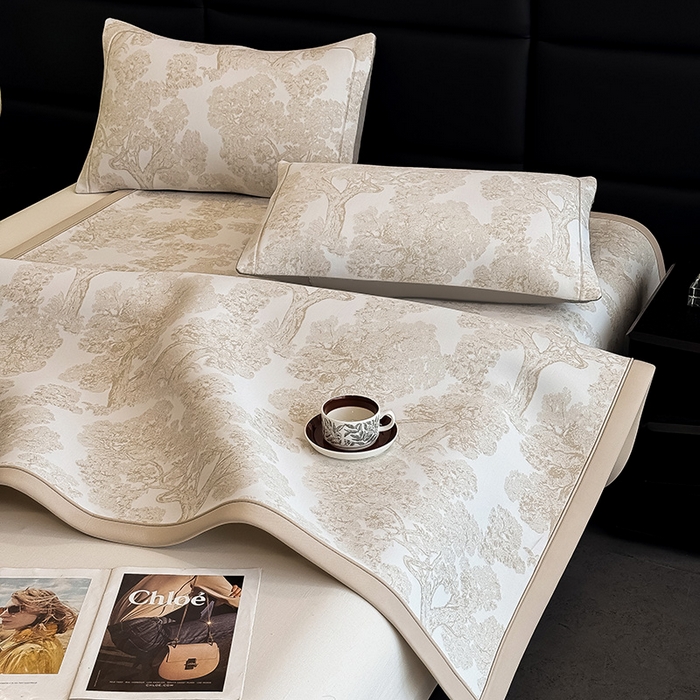 91家纺网 家纺一手货源 找家纺 全季家居 2025新款5A乙纶全PE花卉轻奢提花凉感软凉席席子 暗香疏影-浅咖 床席