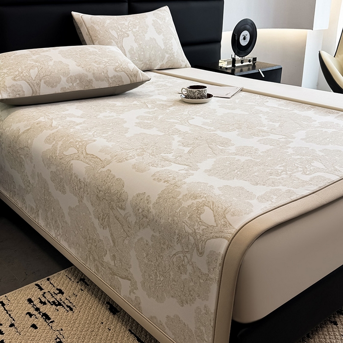 91家纺网 家纺一手货源 找家纺 全季家居 2025新款5A乙纶全PE花卉轻奢提花凉感软凉席席子 暗香疏影-浅咖 床席