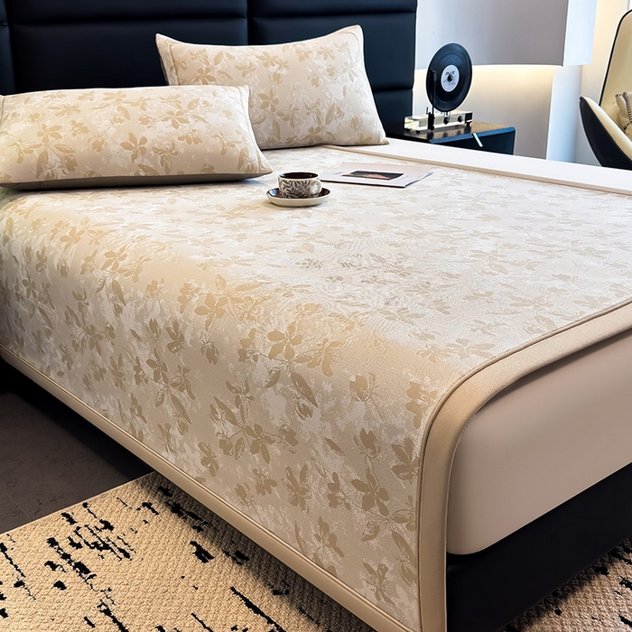 91家纺网 家纺一手货源 找家纺 全季家居 2025新款5A乙纶全PE花卉轻奢提花凉感软凉席席子 繁花似锦-浅咖 床席