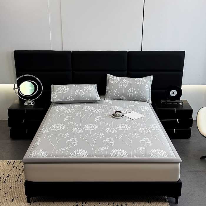 91家纺网 家纺一手货源 找家纺 全季家居 2025新款5A乙纶全PE花卉轻奢提花凉感软凉席席子 落盏-浅灰 床席