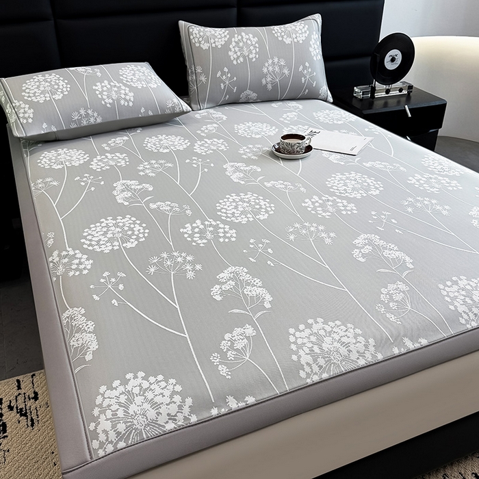 91家纺网 家纺一手货源 找家纺 全季家居 2025新款5A乙纶全PE花卉轻奢提花凉感软凉席席子 落盏-浅灰 床席