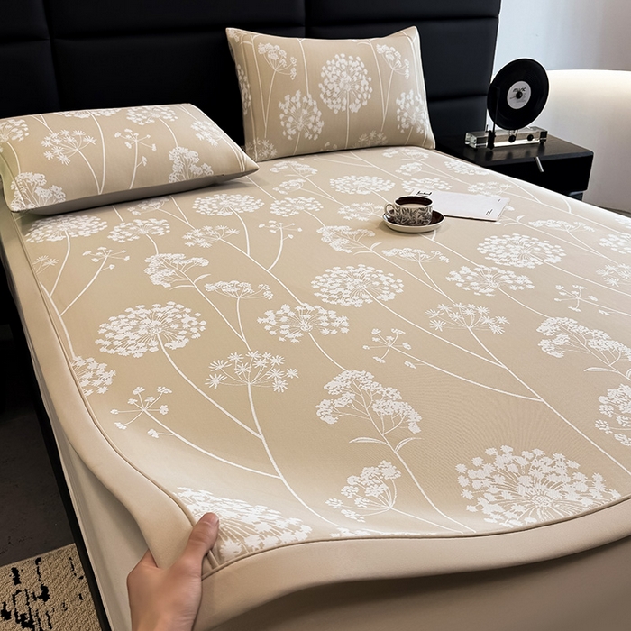 91家纺网 家纺一手货源 找家纺 全季家居 2025新款5A乙纶全PE花卉轻奢提花凉感软凉席席子 落盏-浅咖 床席