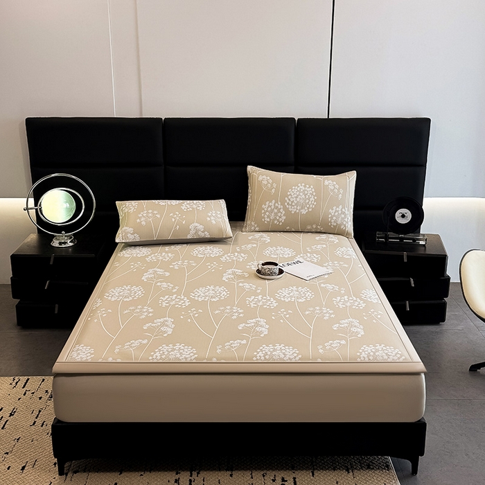 91家纺网 家纺一手货源 找家纺 全季家居 2025新款5A乙纶全PE花卉轻奢提花凉感软凉席席子 落盏-浅咖 床席