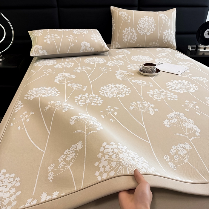 91家纺网 家纺一手货源 找家纺 全季家居 2025新款5A乙纶全PE花卉轻奢提花凉感软凉席席子 落盏-浅咖 床席