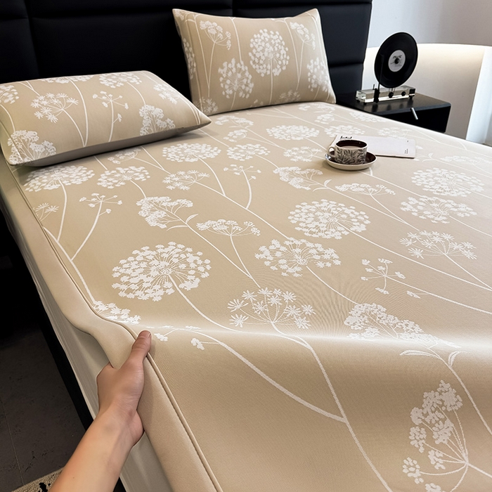 91家纺网 家纺一手货源 找家纺 全季家居 2025新款5A乙纶全PE花卉轻奢提花凉感软凉席席子 落盏-浅咖 床席