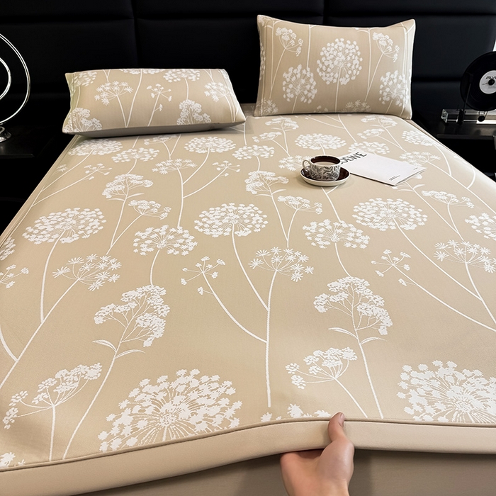 91家纺网 家纺一手货源 找家纺 全季家居 2025新款5A乙纶全PE花卉轻奢提花凉感软凉席席子 落盏-浅咖 床席