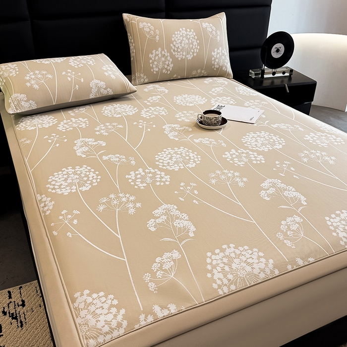 91家纺网 家纺一手货源 找家纺 全季家居 2025新款5A乙纶全PE花卉轻奢提花凉感软凉席席子 落盏-浅咖 床席