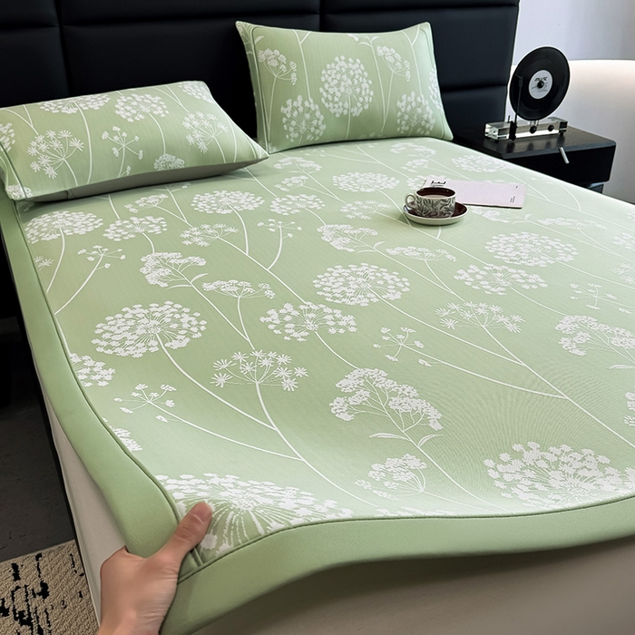 91家纺网 家纺一手货源 找家纺 全季家居 2025新款5A乙纶全PE花卉轻奢提花凉感软凉席席子 落盏-浅绿 床席