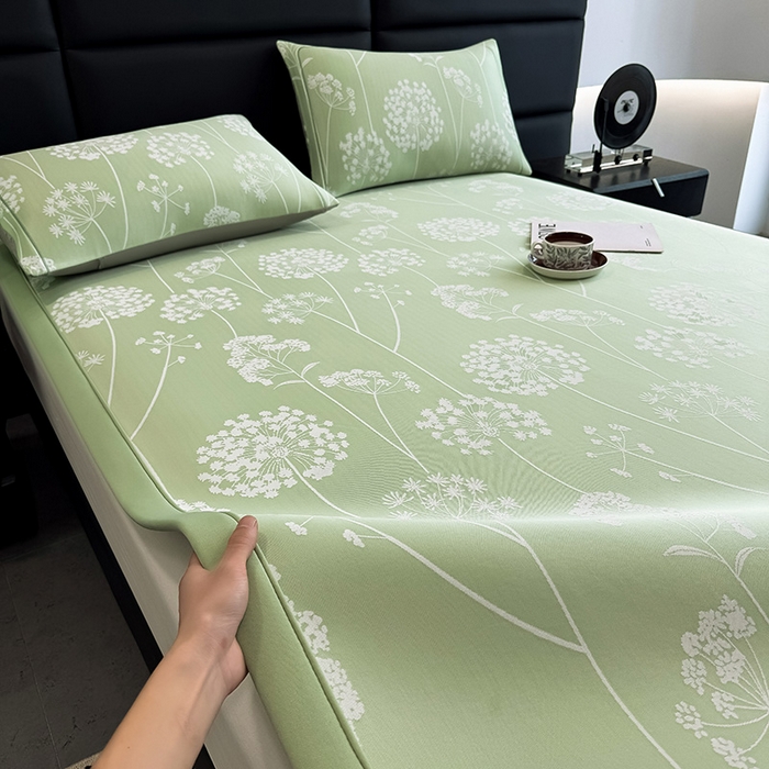 91家纺网 家纺一手货源 找家纺 全季家居 2025新款5A乙纶全PE花卉轻奢提花凉感软凉席席子 落盏-浅绿 床席