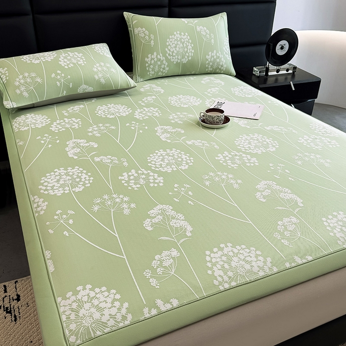 91家纺网 家纺一手货源 找家纺 全季家居 2025新款5A乙纶全PE花卉轻奢提花凉感软凉席席子 落盏-浅绿 床席