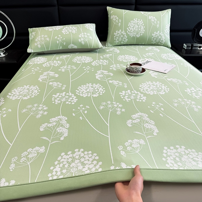 91家纺网 家纺一手货源 找家纺 全季家居 2025新款5A乙纶全PE花卉轻奢提花凉感软凉席席子 落盏-浅绿 床席