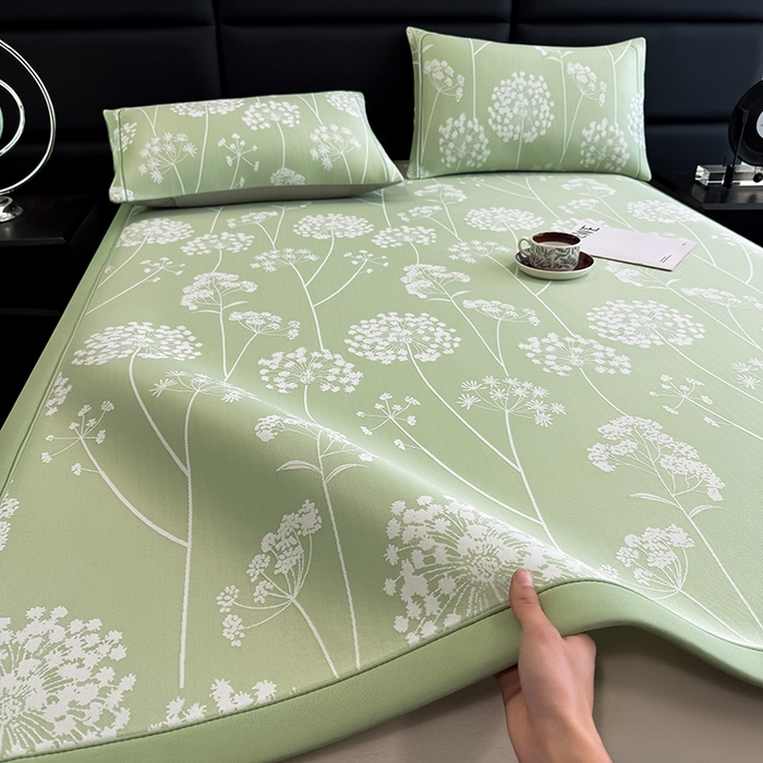 91家纺网 家纺一手货源 找家纺 全季家居 2025新款5A乙纶全PE花卉轻奢提花凉感软凉席席子 落盏-浅绿 床席