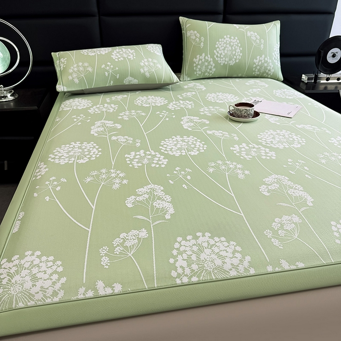 91家纺网 家纺一手货源 找家纺 全季家居 2025新款5A乙纶全PE花卉轻奢提花凉感软凉席席子 落盏-浅绿 床席