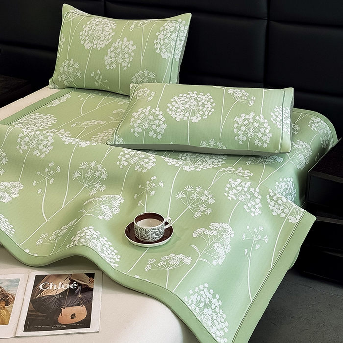 91家纺网 家纺一手货源 找家纺 全季家居 2025新款5A乙纶全PE花卉轻奢提花凉感软凉席席子 落盏-浅绿 床席