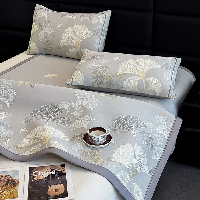 91家纺网 家纺一手货源 找家纺 全季家居 2025新款5A乙纶全PE花卉轻奢提花凉感软凉席席子 漫香银杏 床席