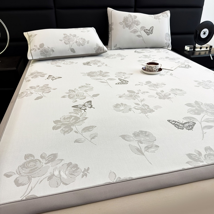 91家纺网 家纺一手货源 找家纺 全季家居 2025新款5A乙纶全PE花卉轻奢提花凉感软凉席席子 玫瑰蝶影 床席