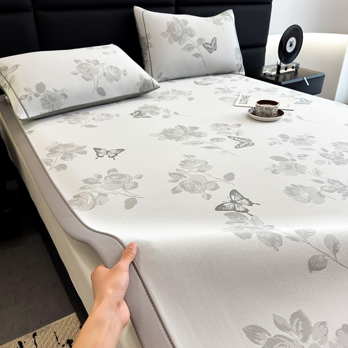 91家纺网 家纺一手货源 找家纺 全季家居 2025新款5A乙纶全PE花卉轻奢提花凉感软凉席席子 玫瑰蝶影 床席