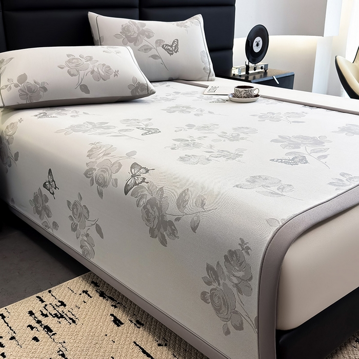 91家纺网 家纺一手货源 找家纺 全季家居 2025新款5A乙纶全PE花卉轻奢提花凉感软凉席席子 玫瑰蝶影 床席