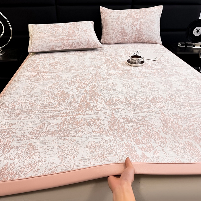 91家纺网 家纺一手货源 找家纺 全季家居 2025新款5A乙纶全PE花卉轻奢提花凉感软凉席席子 莫奈-淡粉 床席