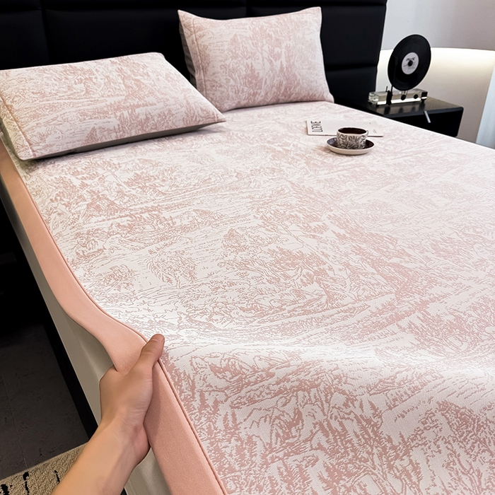 91家纺网 家纺一手货源 找家纺 全季家居 2025新款5A乙纶全PE花卉轻奢提花凉感软凉席席子 莫奈-淡粉 床席