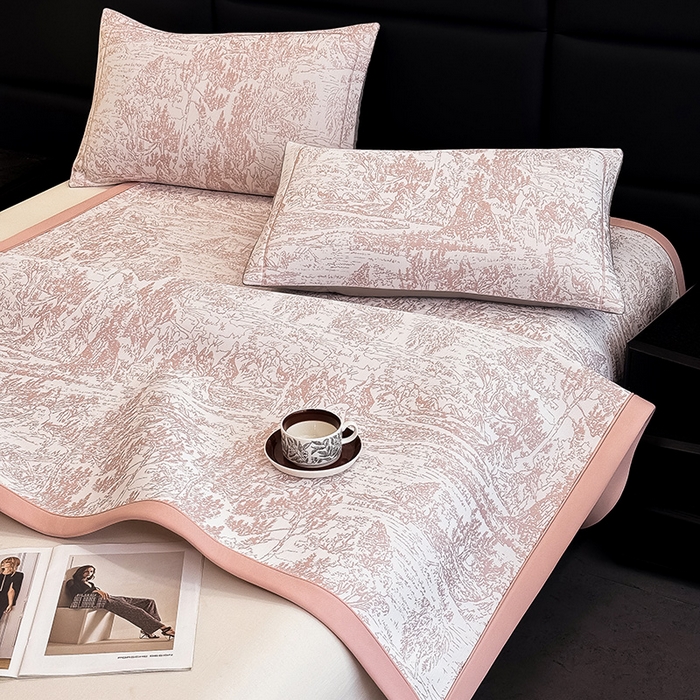 91家纺网 家纺一手货源 找家纺 全季家居 2025新款5A乙纶全PE花卉轻奢提花凉感软凉席席子 莫奈-淡粉 床席