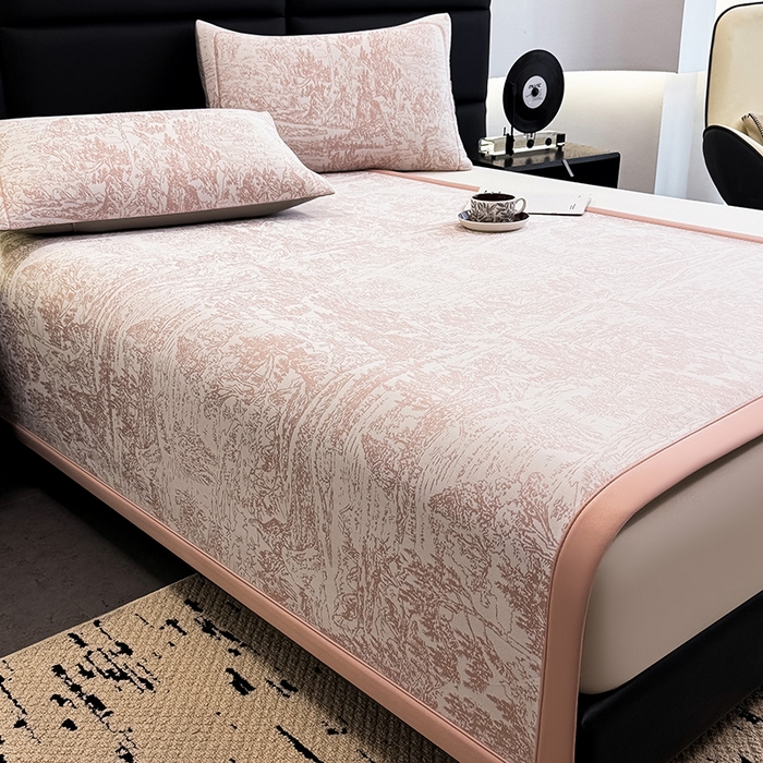 91家纺网 家纺一手货源 找家纺 全季家居 2025新款5A乙纶全PE花卉轻奢提花凉感软凉席席子 莫奈-淡粉 床席