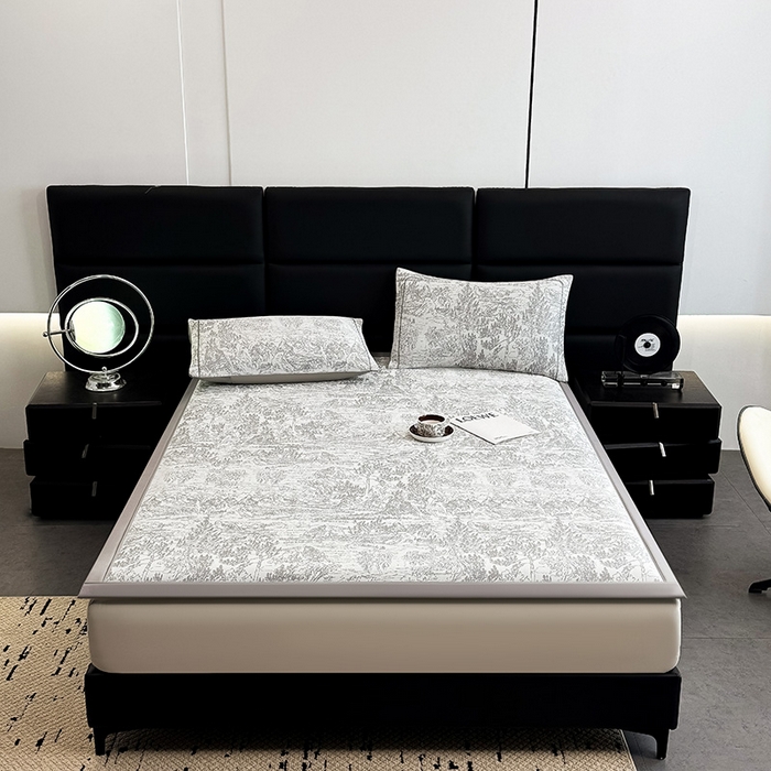 91家纺网 家纺一手货源 找家纺 全季家居 2025新款5A乙纶全PE花卉轻奢提花凉感软凉席席子 莫奈-浅灰 床席