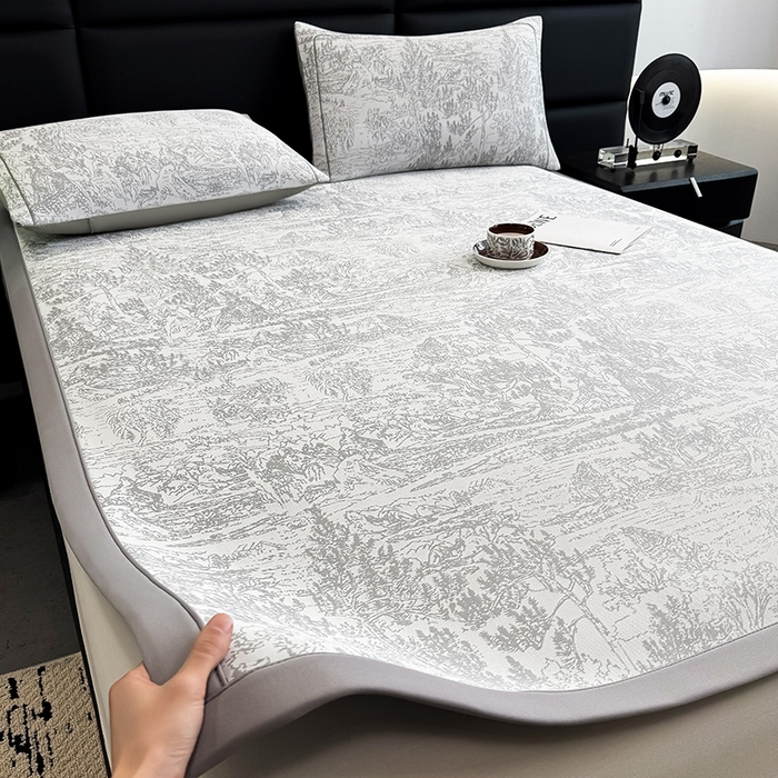 91家纺网 家纺一手货源 找家纺 全季家居 2025新款5A乙纶全PE花卉轻奢提花凉感软凉席席子 莫奈-浅灰 床席