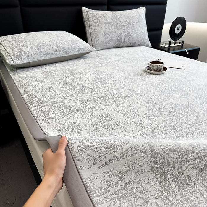 91家纺网 家纺一手货源 找家纺 全季家居 2025新款5A乙纶全PE花卉轻奢提花凉感软凉席席子 莫奈-浅灰 床席
