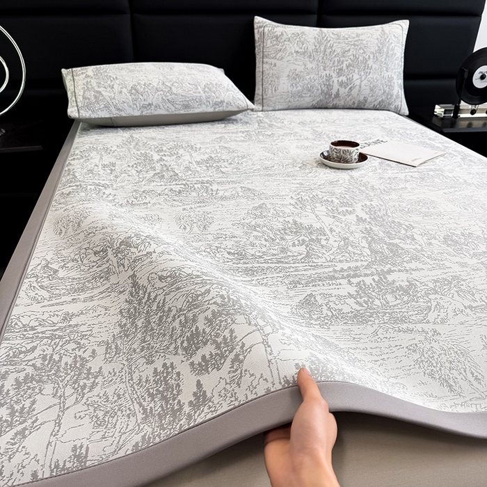 91家纺网 家纺一手货源 找家纺 全季家居 2025新款5A乙纶全PE花卉轻奢提花凉感软凉席席子 莫奈-浅灰 床席
