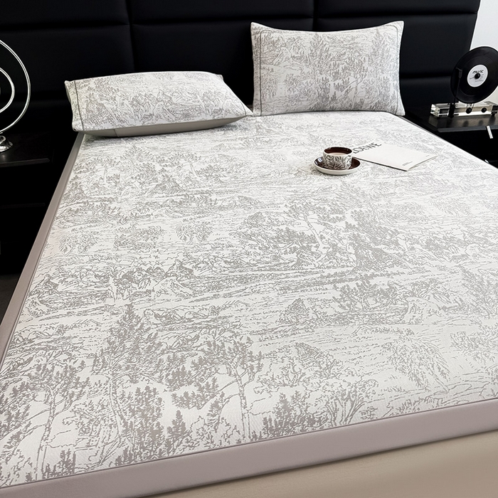 91家纺网 家纺一手货源 找家纺 全季家居 2025新款5A乙纶全PE花卉轻奢提花凉感软凉席席子 莫奈-浅灰 床席