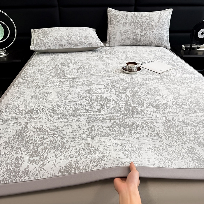 91家纺网 家纺一手货源 找家纺 全季家居 2025新款5A乙纶全PE花卉轻奢提花凉感软凉席席子 莫奈-浅灰 床席