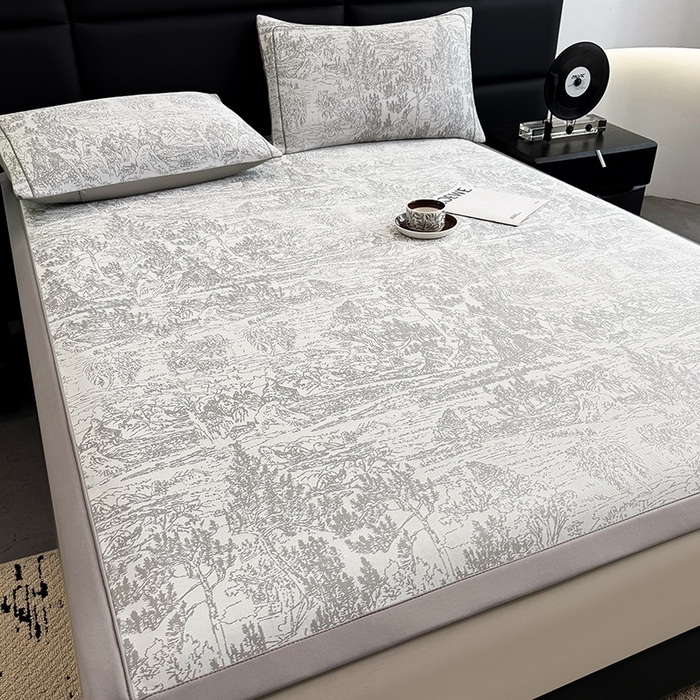 91家纺网 家纺一手货源 找家纺 全季家居 2025新款5A乙纶全PE花卉轻奢提花凉感软凉席席子 莫奈-浅灰 床席