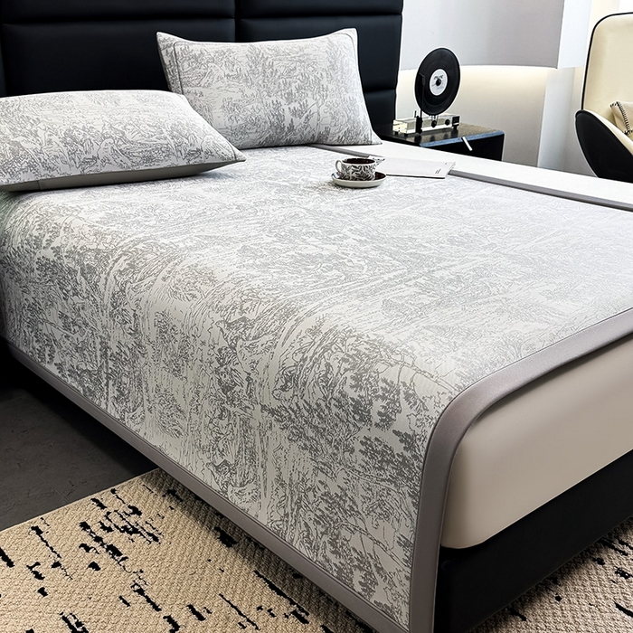 91家纺网 家纺一手货源 找家纺 全季家居 2025新款5A乙纶全PE花卉轻奢提花凉感软凉席席子 莫奈-浅灰 床席