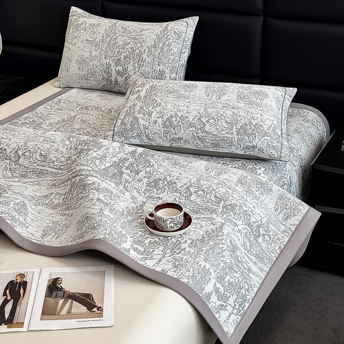 91家纺网 家纺一手货源 找家纺 全季家居 2025新款5A乙纶全PE花卉轻奢提花凉感软凉席席子 莫奈-浅灰 床席