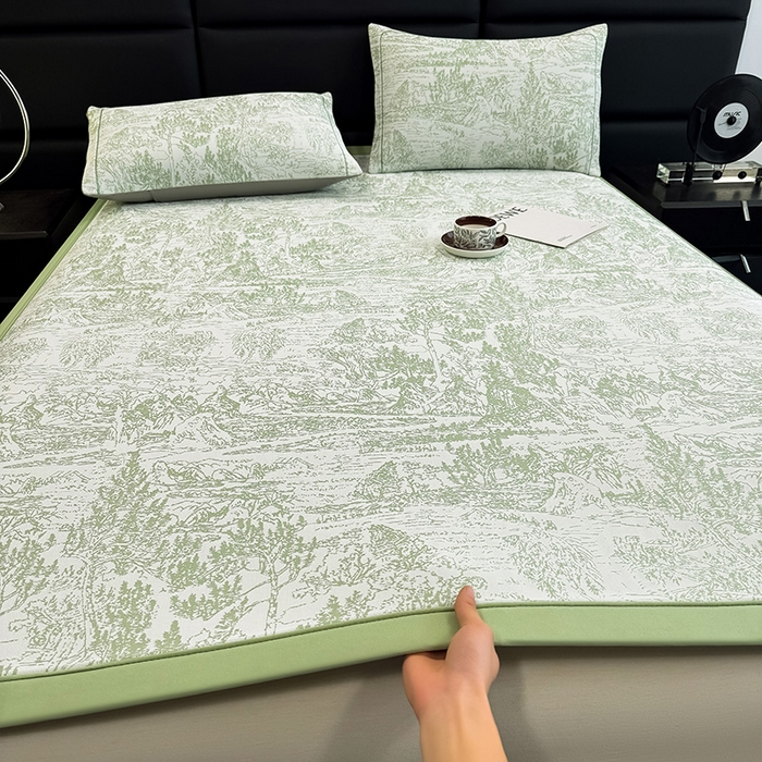 91家纺网 家纺一手货源 找家纺 全季家居 2025新款5A乙纶全PE花卉轻奢提花凉感软凉席席子 莫奈-浅绿 床席