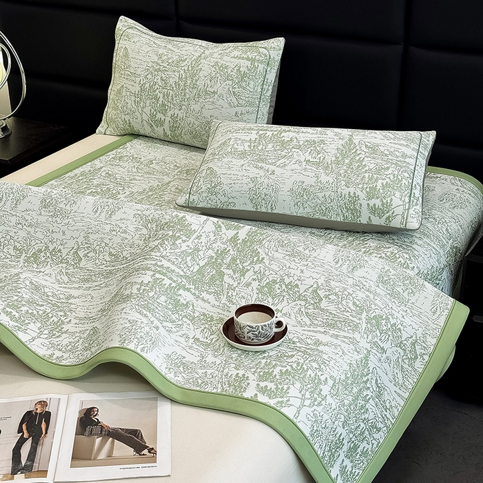 91家纺网 家纺一手货源 找家纺 全季家居 2025新款5A乙纶全PE花卉轻奢提花凉感软凉席席子 莫奈-浅绿 床席