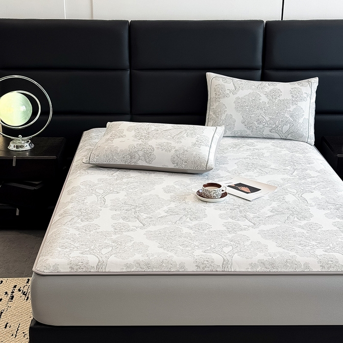 91家纺网 家纺一手货源 找家纺 全季家居 2025新款5A乙纶全PE花卉轻奢提花凉感软凉席席子 暗香疏影-浅灰 床笠