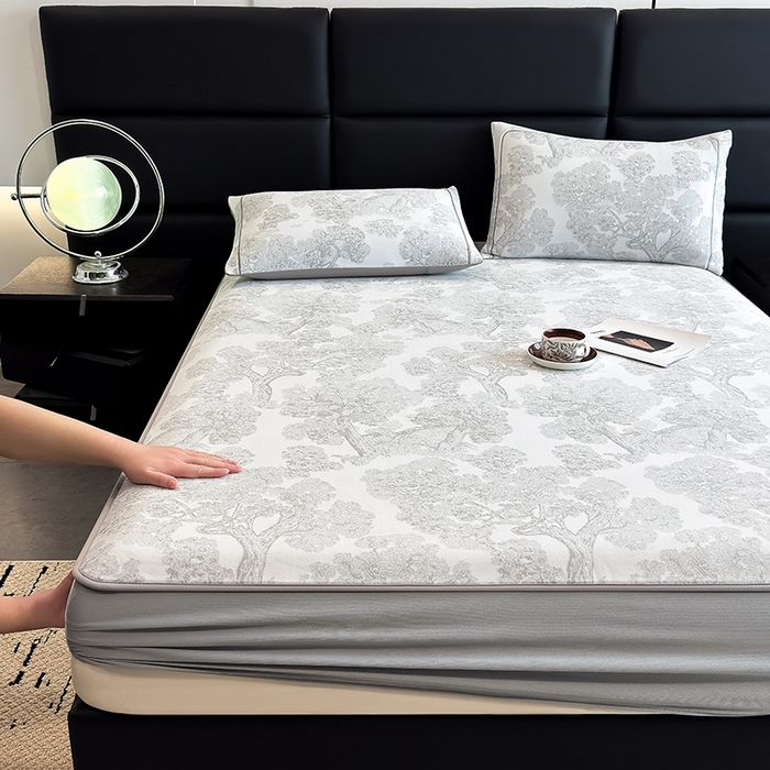 91家纺网 家纺一手货源 找家纺 全季家居 2025新款5A乙纶全PE花卉轻奢提花凉感软凉席席子 暗香疏影-浅灰 床笠